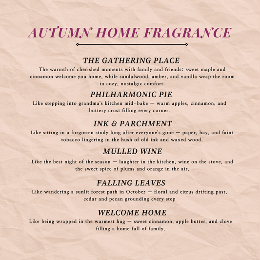 Autumn Home Fragrance scent guide listing The Gathering Place, Philharmonic Pie, Ink & Parchment, Mulled Wine, Falling Leaves, and Welcome Home with scent descriptions.