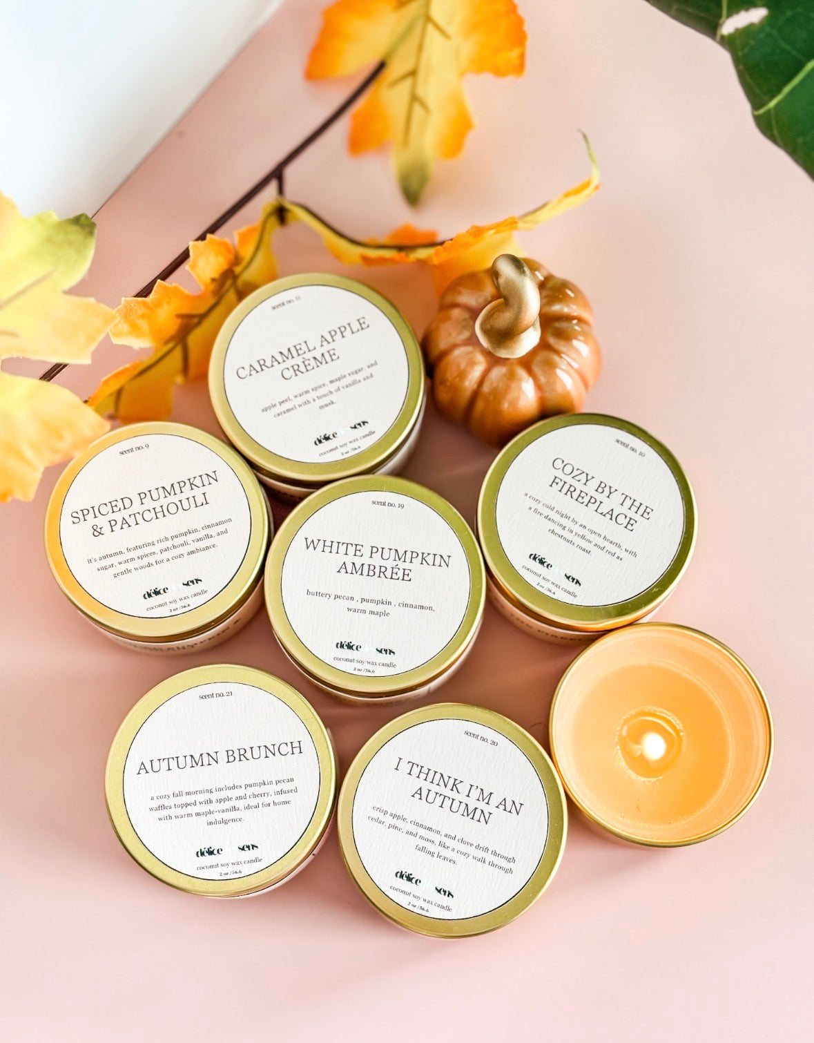 Fall scented 2oz travel candle in gold tin — coconut soy wax, cotton wick, hand-poured in Florida