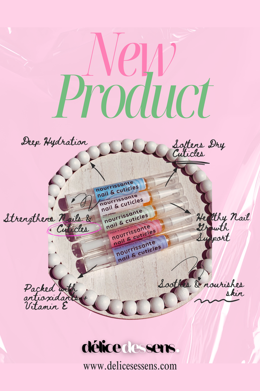 Product packaging with text on a pink information and background, featuring the brand 'delice des sens'.